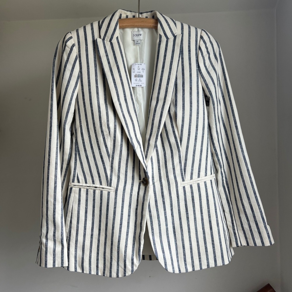 J.Crew Holland Blazer 0 Gray White Striped Linen Cotton Blend Preppy Chic NWT